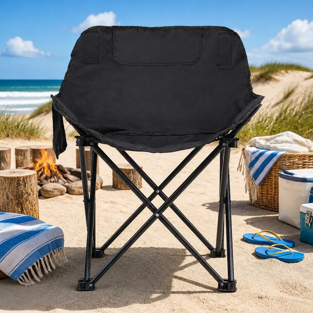 Folding Camping Chair Black Ergonomic Curved Seat Portable Lightweight 120KG Weight Capacity