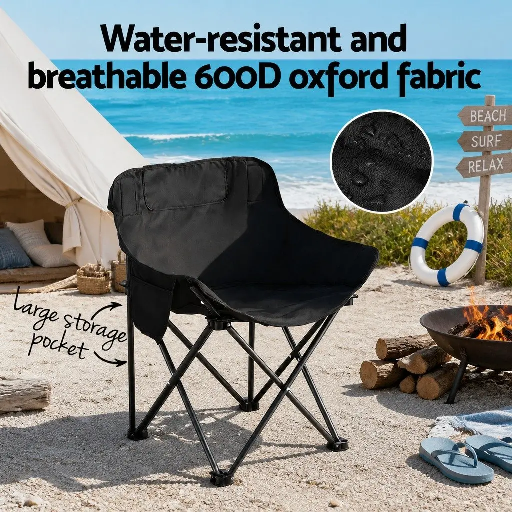 Folding Camping Chair Black Ergonomic Curved Seat Portable Lightweight 120KG Weight Capacity