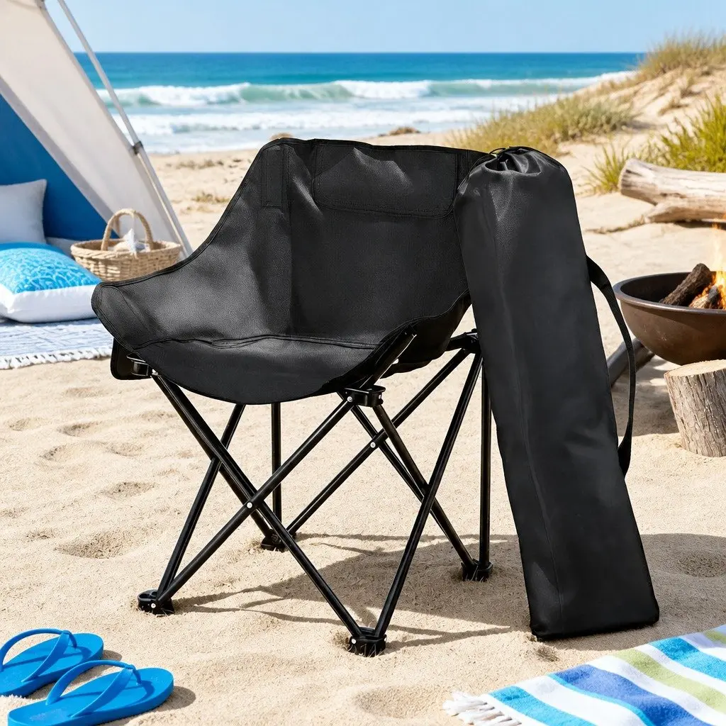 Folding Camping Chair Black Ergonomic Curved Seat Portable Lightweight 120KG Weight Capacity