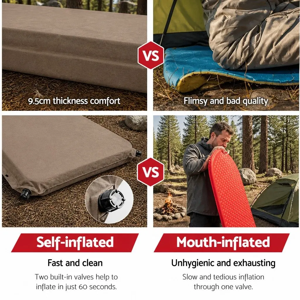 Self Inflating Mattress Double Camping Sleeping Mat Air Bed Coffee 187x132cm