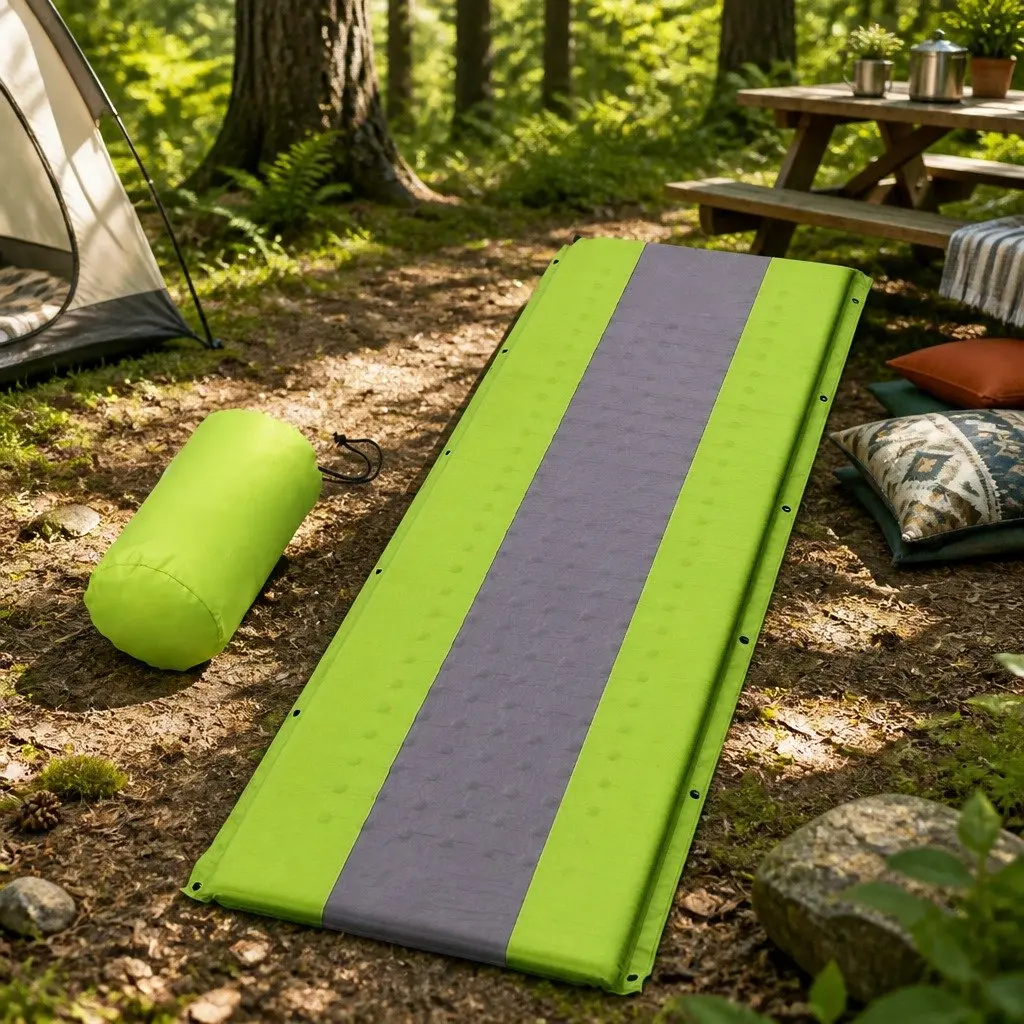 Self Inflating Camping Sleeping Mat Green Single Water Resistant Soft Taffeta Polyester Surface