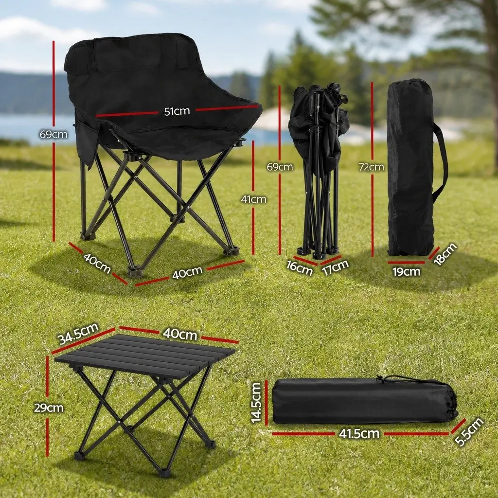 3 Piece Camping Table Chair Set Black Folding Portable Outdoor Furniture