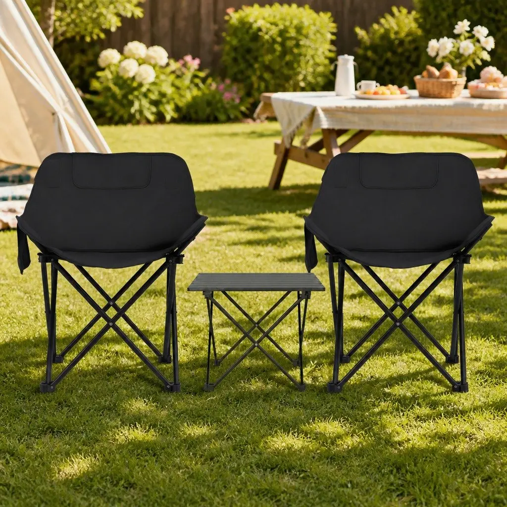 3 Piece Camping Table Chair Set Black Folding Portable Outdoor Furniture