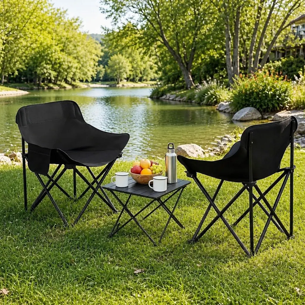 3 Piece Camping Table Chair Set Black Folding Portable Outdoor Furniture