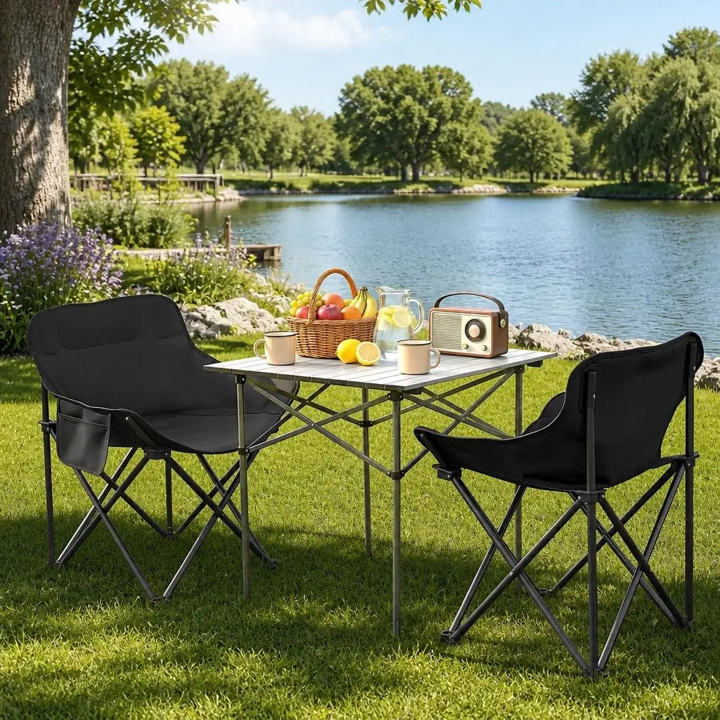 Camping Table Chair Set Black 3 Piece Portable Folding Lightweight Outdoor Picnic