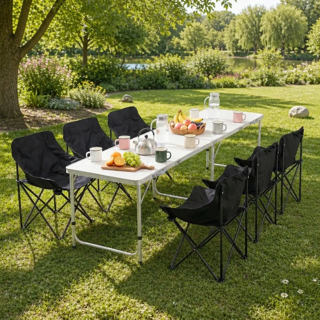 Camping Table Chair Set Black 7 Piece Portable Folding Outdoor Furniture