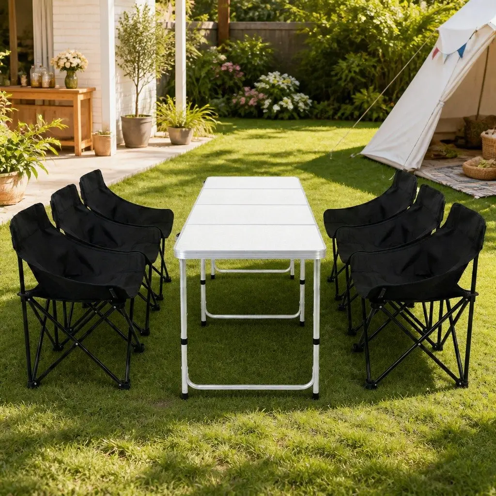 Camping Table Chair Set Black 7 Piece Portable Folding Outdoor Furniture
