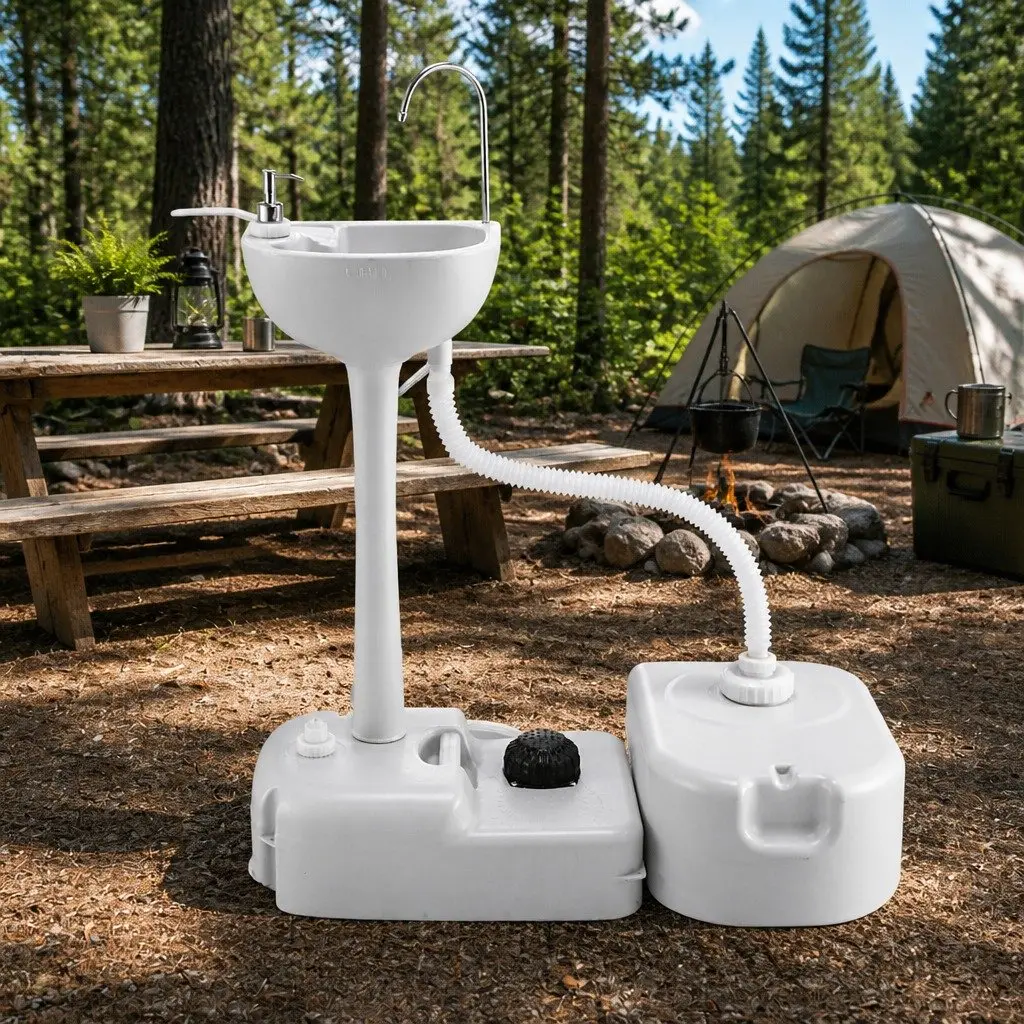 Portable Hand Wash Sink Stand Grey 43L Basin Foot Pump Operation with Wheels
