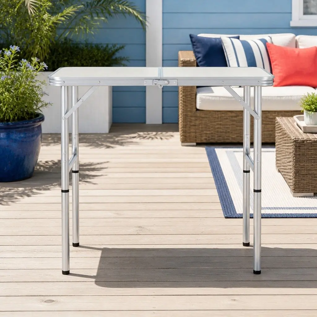 Folding Camping Table Silver 90cm Adjustable Height Portable Outdoor Desk
