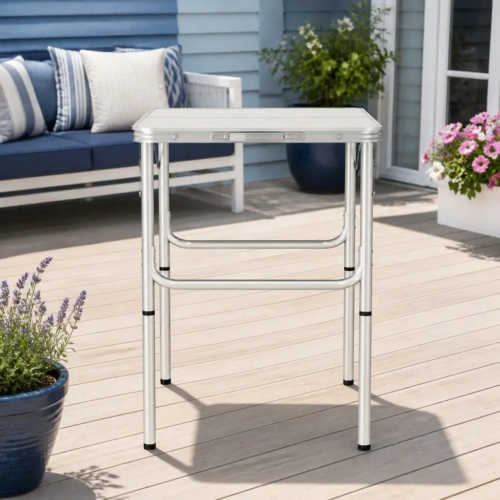 Folding Camping Table Silver 90cm Adjustable Height Portable Outdoor Desk
