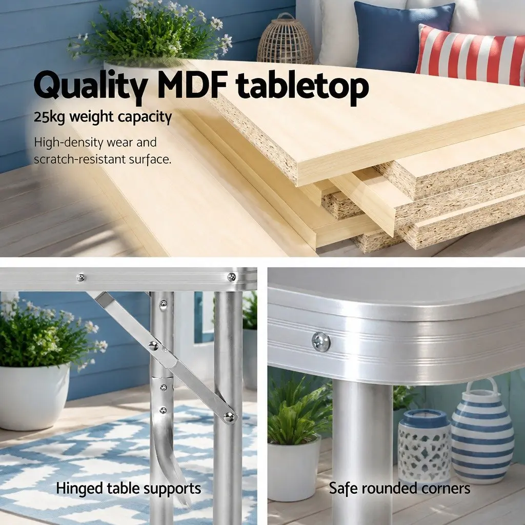 Folding Camping Table Silver 90cm Adjustable Height Portable Outdoor Desk