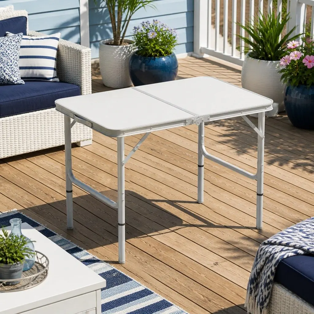 Folding Camping Table Silver 90cm Adjustable Height Portable Outdoor Desk