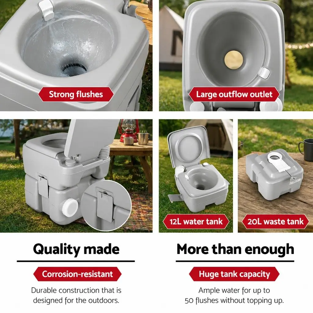 20L Portable Camping Toilet Grey Outdoor Flush Potty Boating Travel With Carry