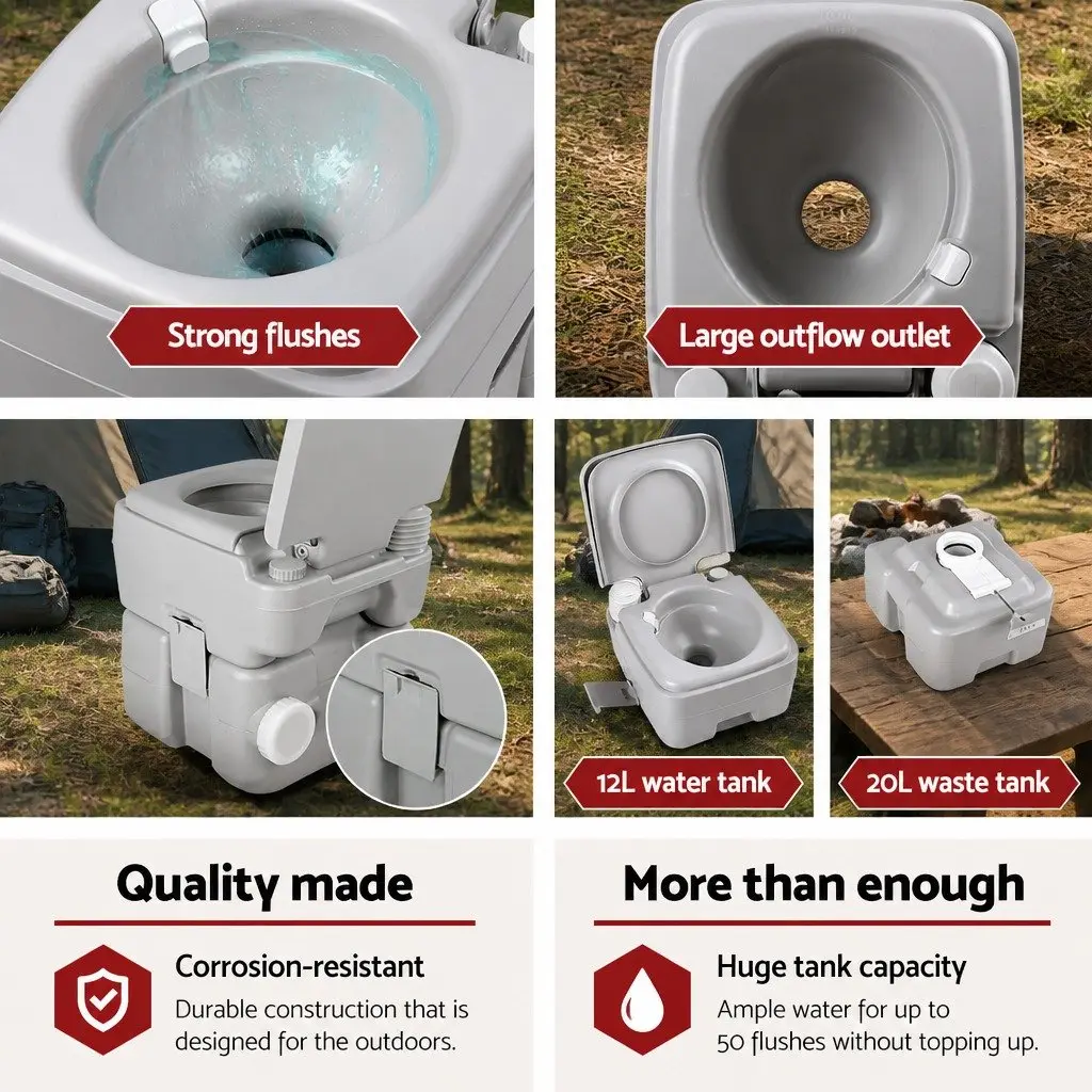 20L Portable Toilet Grey Outdoor Flush Potty with 12L Freshwater Tank for Camping and Boating