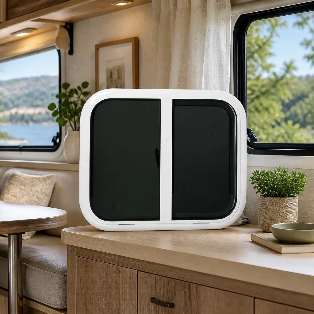 Caravan Sliding Window White 600mm x 500mm Tinted Tempered Glass with Flyscreen