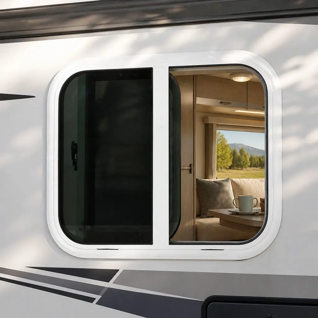 Caravan Sliding Window White 600mm x 500mm Tinted Tempered Glass with Flyscreen