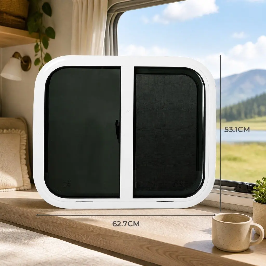 Caravan Sliding Window White 600mm x 500mm Tinted Tempered Glass with Flyscreen