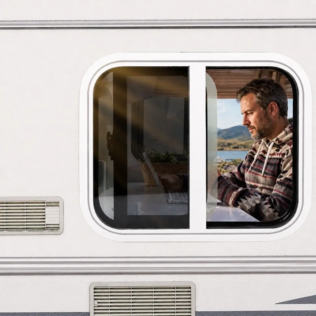 Caravan Sliding Window White 600mm x 500mm Tinted Tempered Glass with Flyscreen