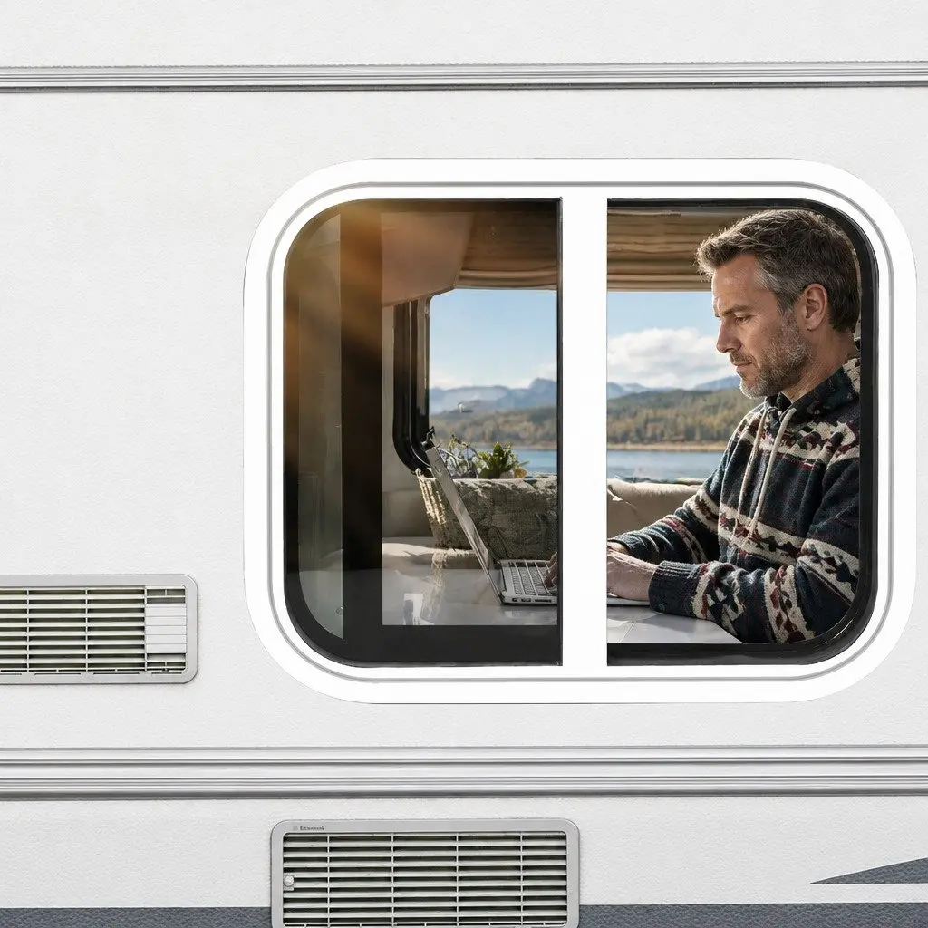 Caravan Sliding Window White 600mm x 500mm Tinted Tempered Glass with Flyscreen