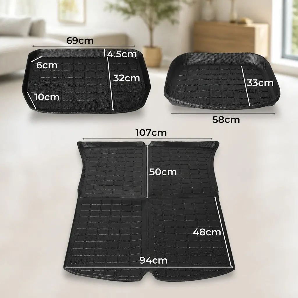 Car Floor Mats Black Custom-fit Waterproof Set for Tesla Model Y Front Rear Trunk Toolbox