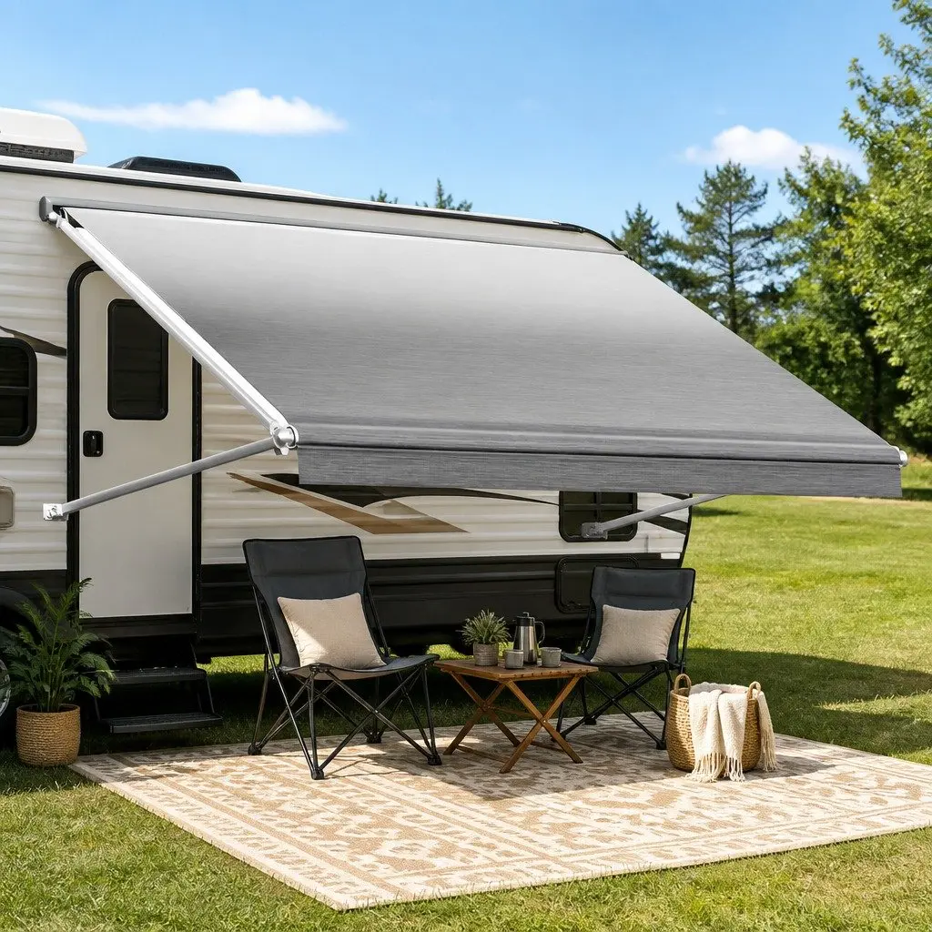 RV Awning Fabric Replacement Grey 15FT Heavy-Duty UV-Resistant Waterproof 4-Layer Construction