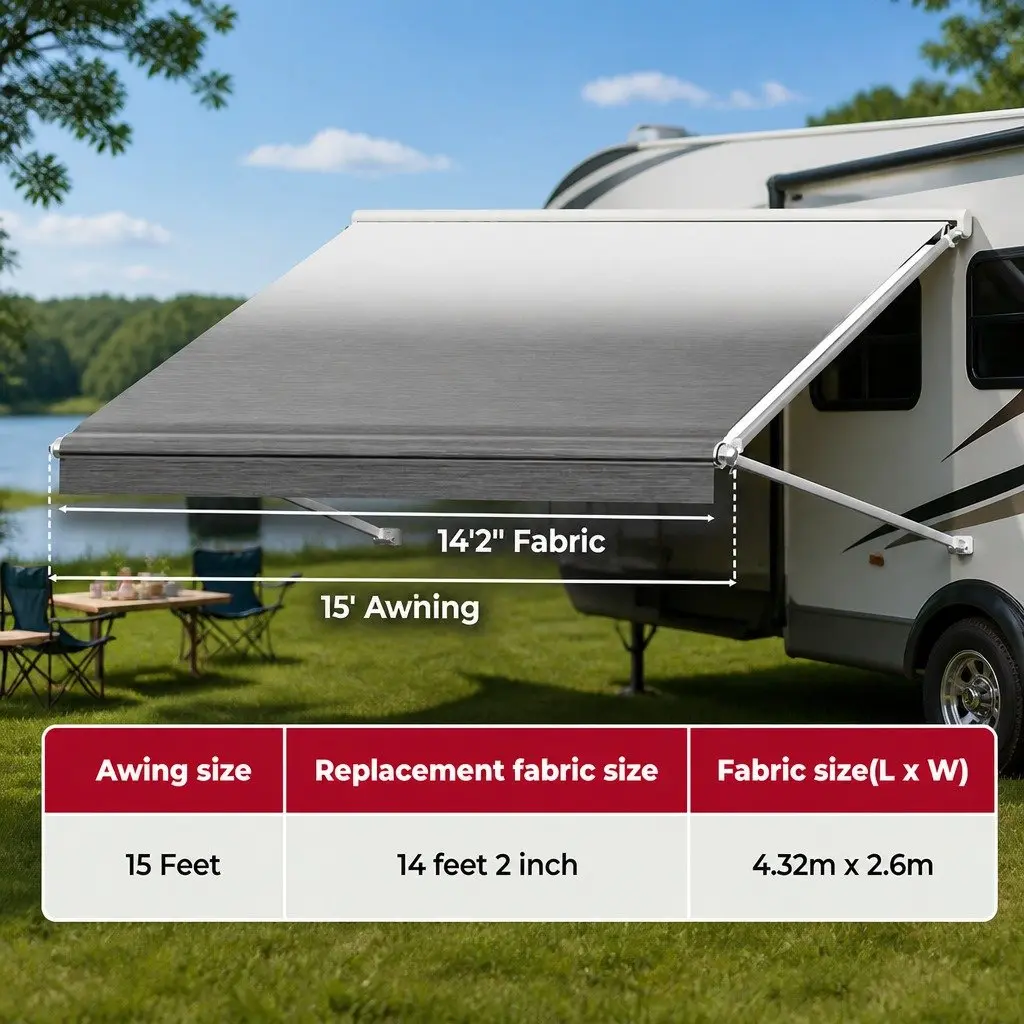 RV Awning Fabric Replacement Grey 15FT Heavy-Duty UV-Resistant Waterproof 4-Layer Construction