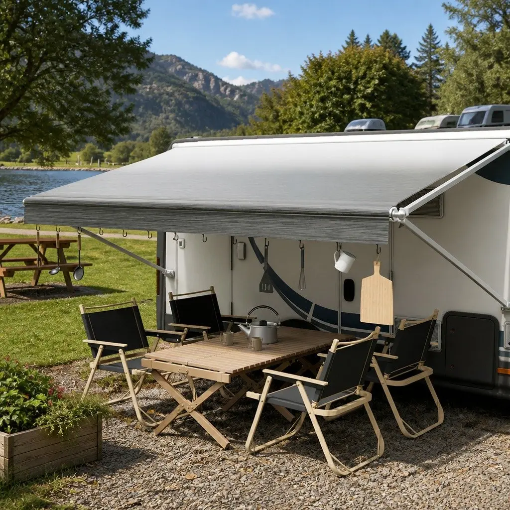 RV Awning Fabric Replacement Grey 15FT Heavy-Duty UV-Resistant Waterproof 4-Layer Construction