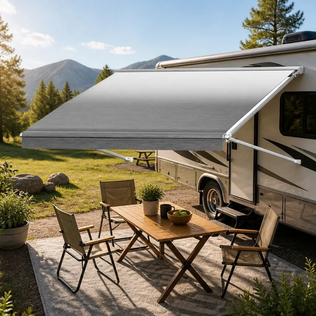RV Awning Fabric Replacement Grey 15FT Heavy-Duty UV-Resistant Waterproof 4-Layer Construction