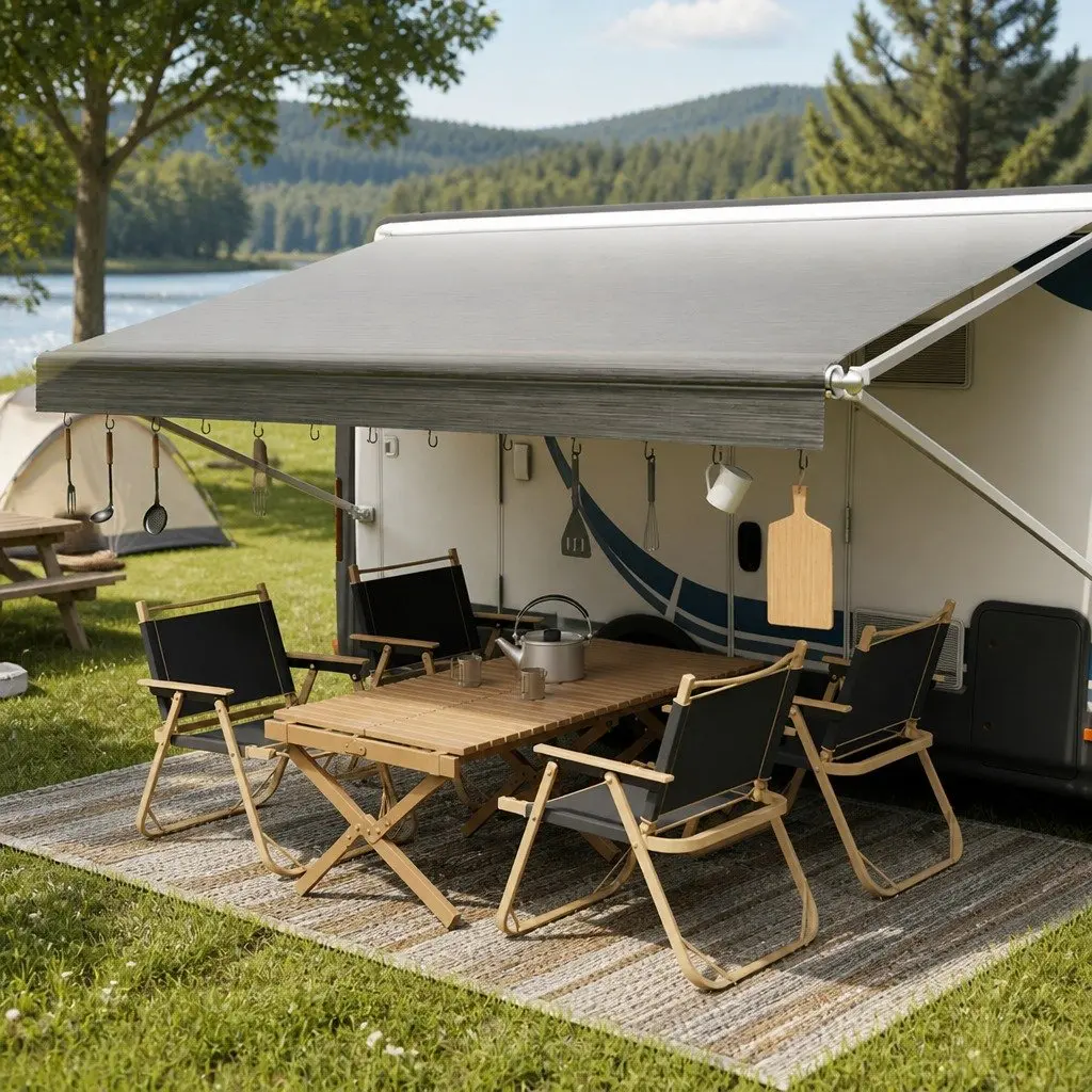 RV Awning Fabric Replacement Grey 18FT Heavy-Duty UV-Resistant Waterproof 4-Layer Construction