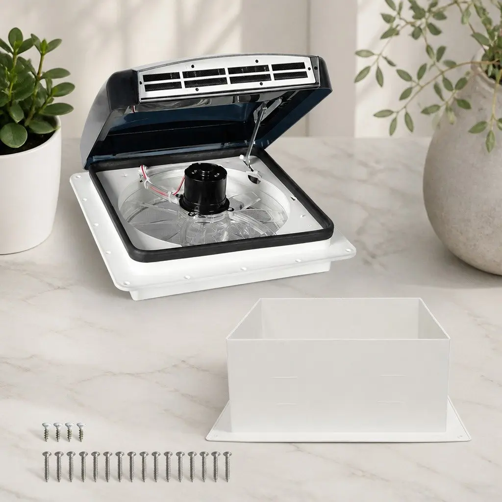 12V Caravan Roof Vent Fan White Adjustable Speed Reversible Airflow 80 Degree Hatch