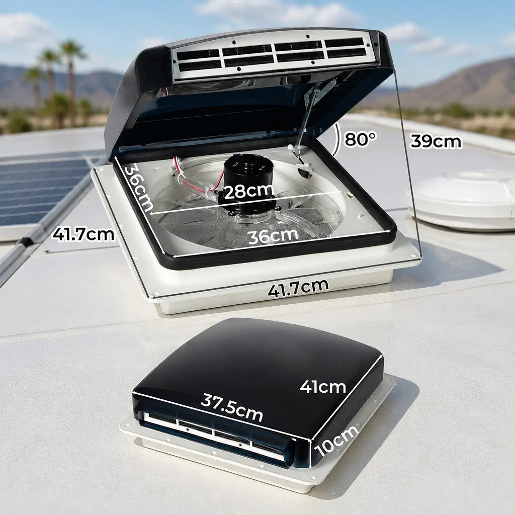12V Caravan Roof Vent Fan White Adjustable Speed Reversible Airflow 80 Degree Hatch