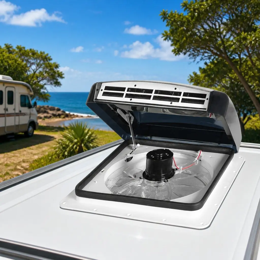 12V Caravan Roof Vent Fan White Adjustable Speed Reversible Airflow 80 Degree Hatch