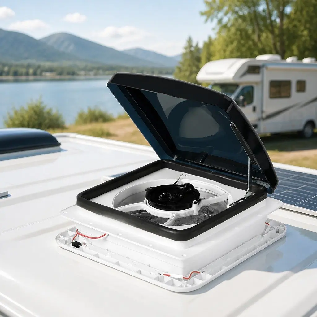 12V Roof Vent Hatch White with Fan LED Light Adjustable Speed for Caravan RV Trailer