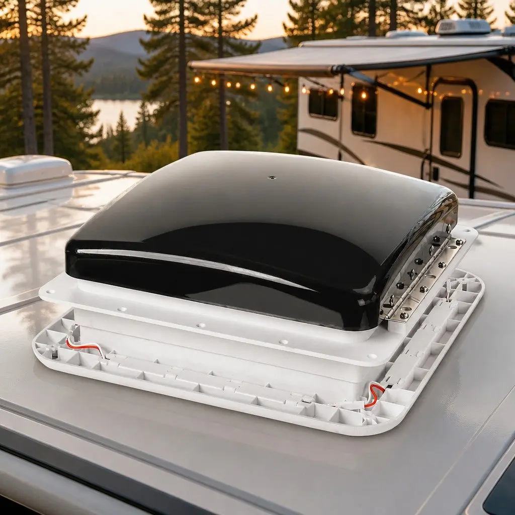 12V Roof Vent Hatch White with Fan LED Light Adjustable Speed for Caravan RV Trailer