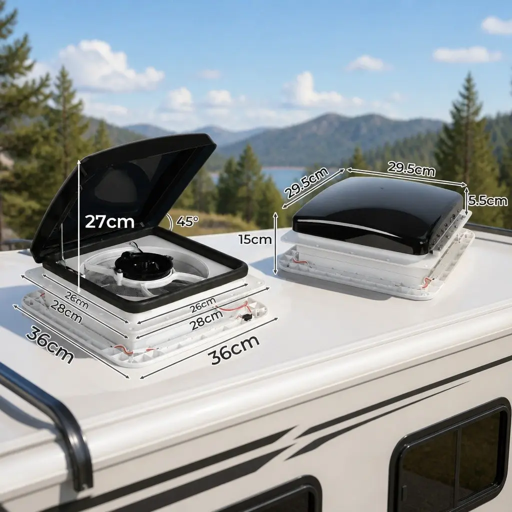 12V Roof Vent Hatch White with Fan LED Light Adjustable Speed for Caravan RV Trailer