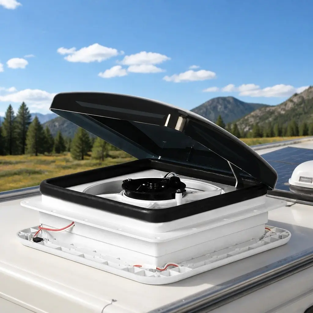 12V Roof Vent Hatch White with Fan LED Light Adjustable Speed for Caravan RV Trailer