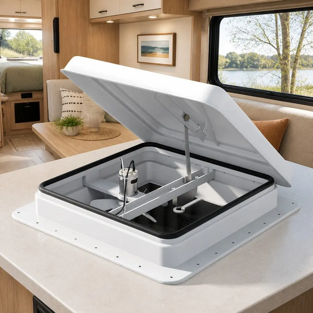 Caravan Roof Vent Fan White 12V Low Noise Single Speed Reversible Fan with 45 Degree Wide Angle Opening