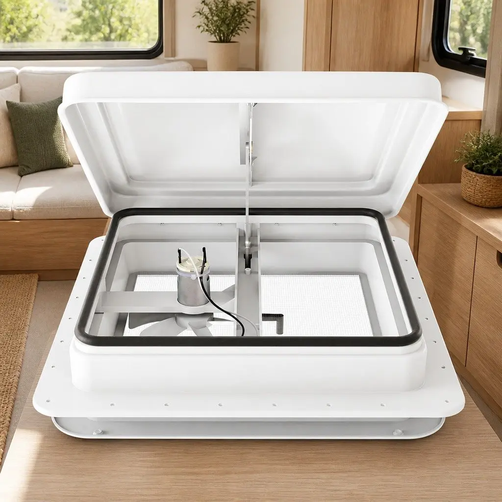 Caravan Roof Vent Fan White 12V Low Noise Single Speed Reversible Fan with 45 Degree Wide Angle Opening