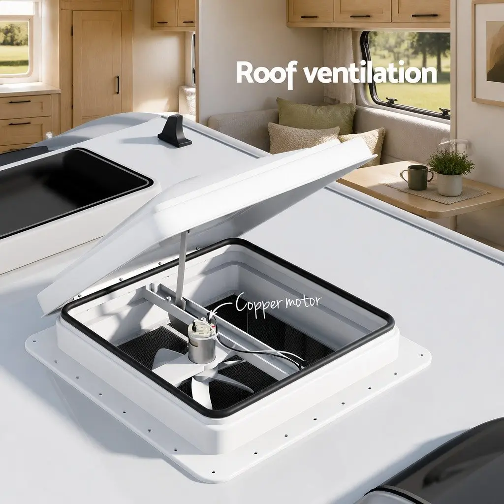 Caravan Roof Vent Fan White 12V Low Noise Single Speed Reversible Fan with 45 Degree Wide Angle Opening