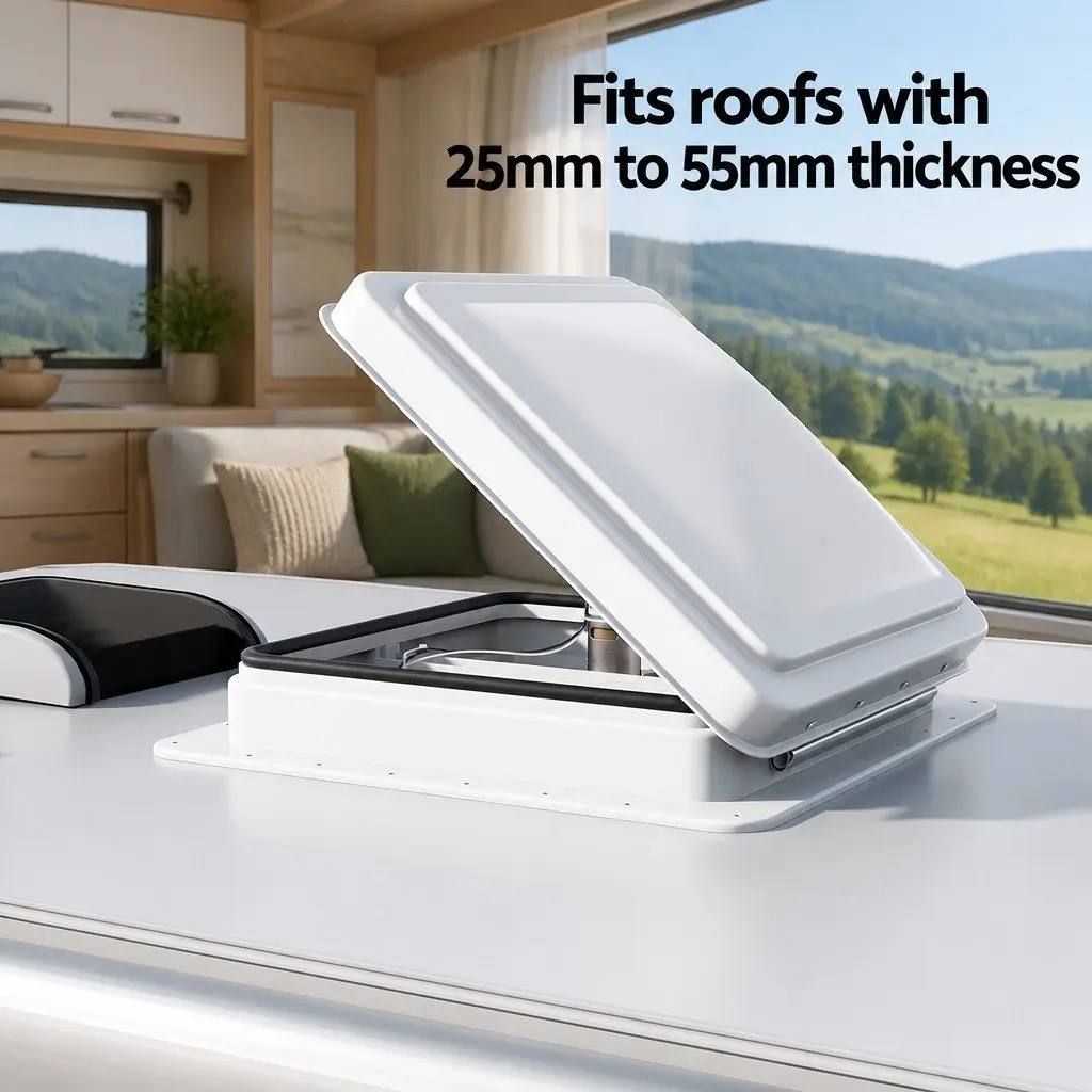 Caravan Roof Vent Fan White 12V Low Noise Single Speed Reversible Fan with 45 Degree Wide Angle Opening