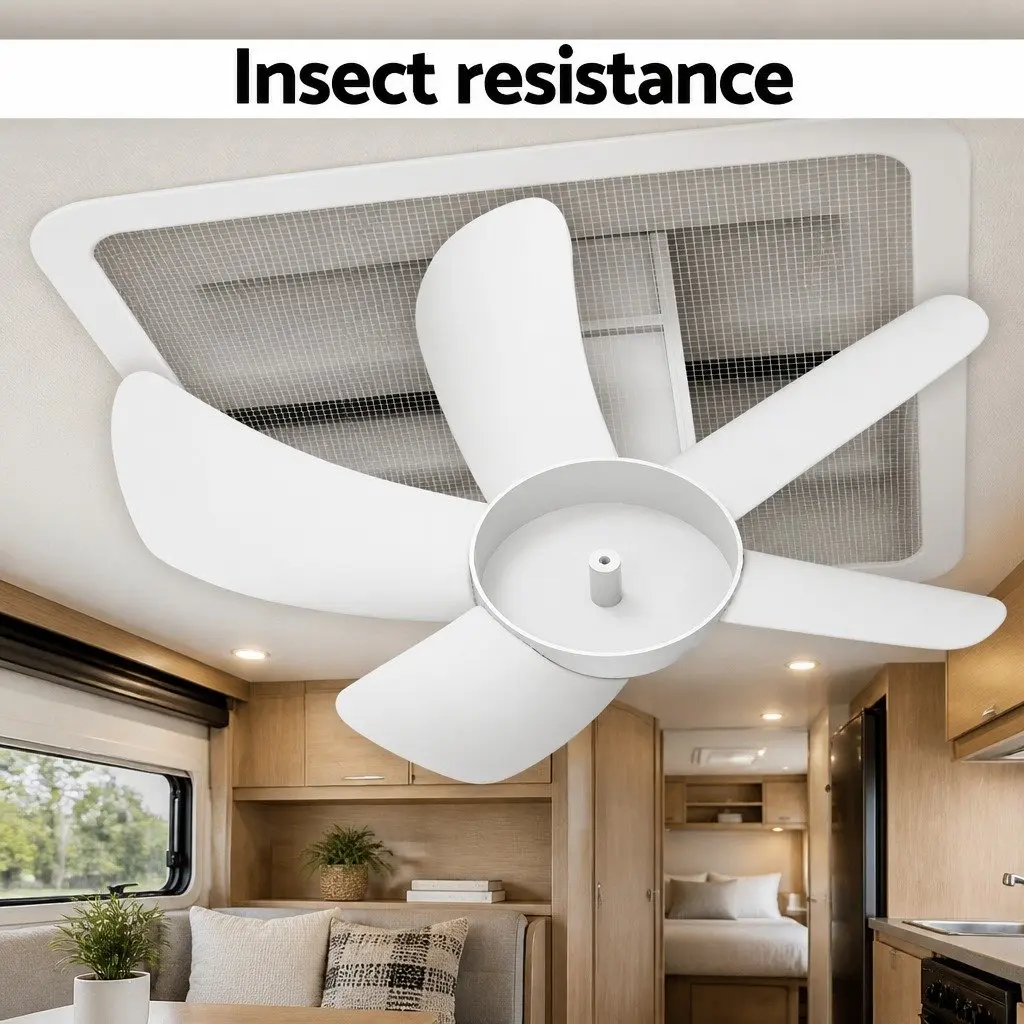 Caravan Roof Vent Fan White 12V Low Noise Single Speed Reversible Fan with 45 Degree Wide Angle Opening