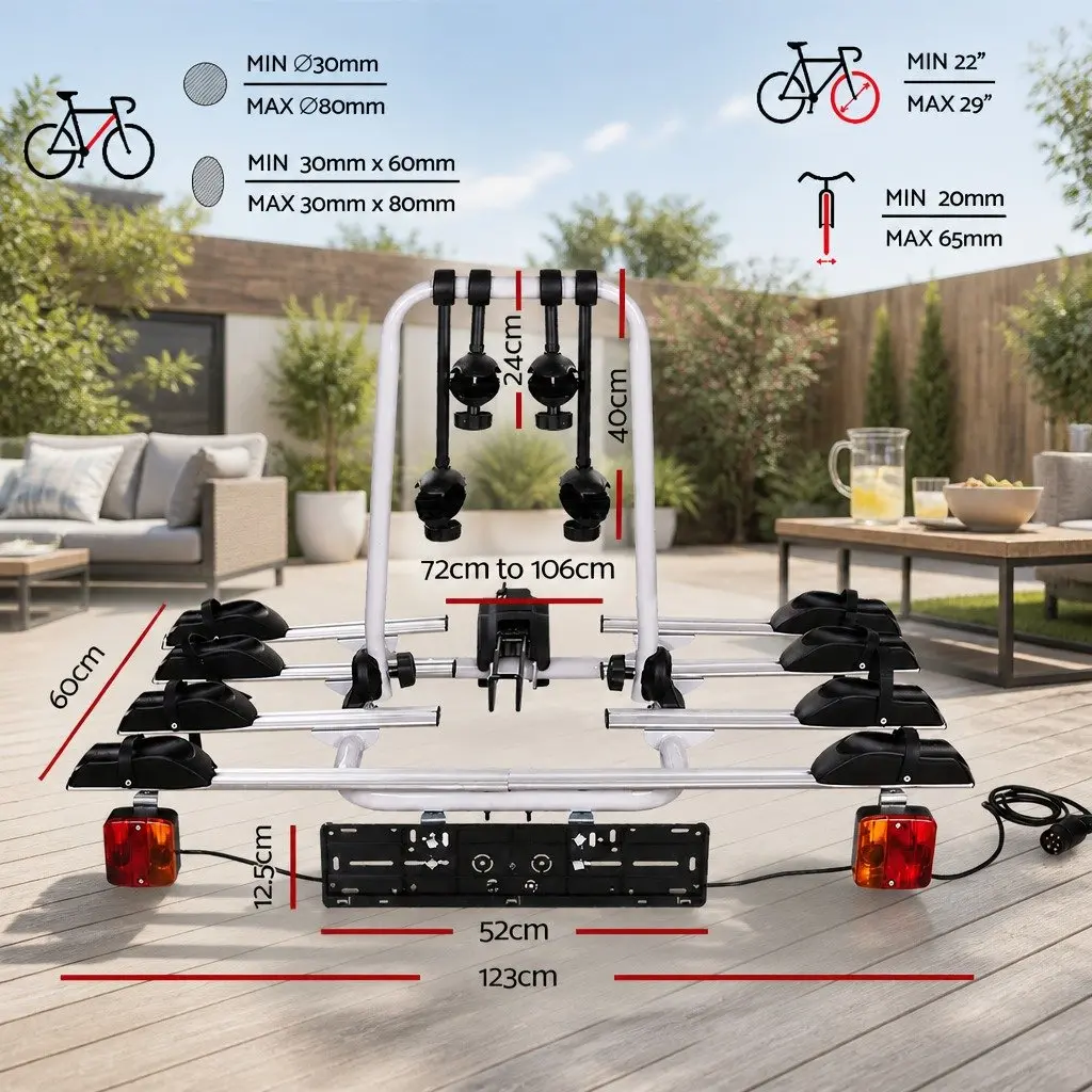 Bicycle Carrier Rack Towbar Hitch Black Silver 4 Bike Capacity Adjustable Wheel Stoppers