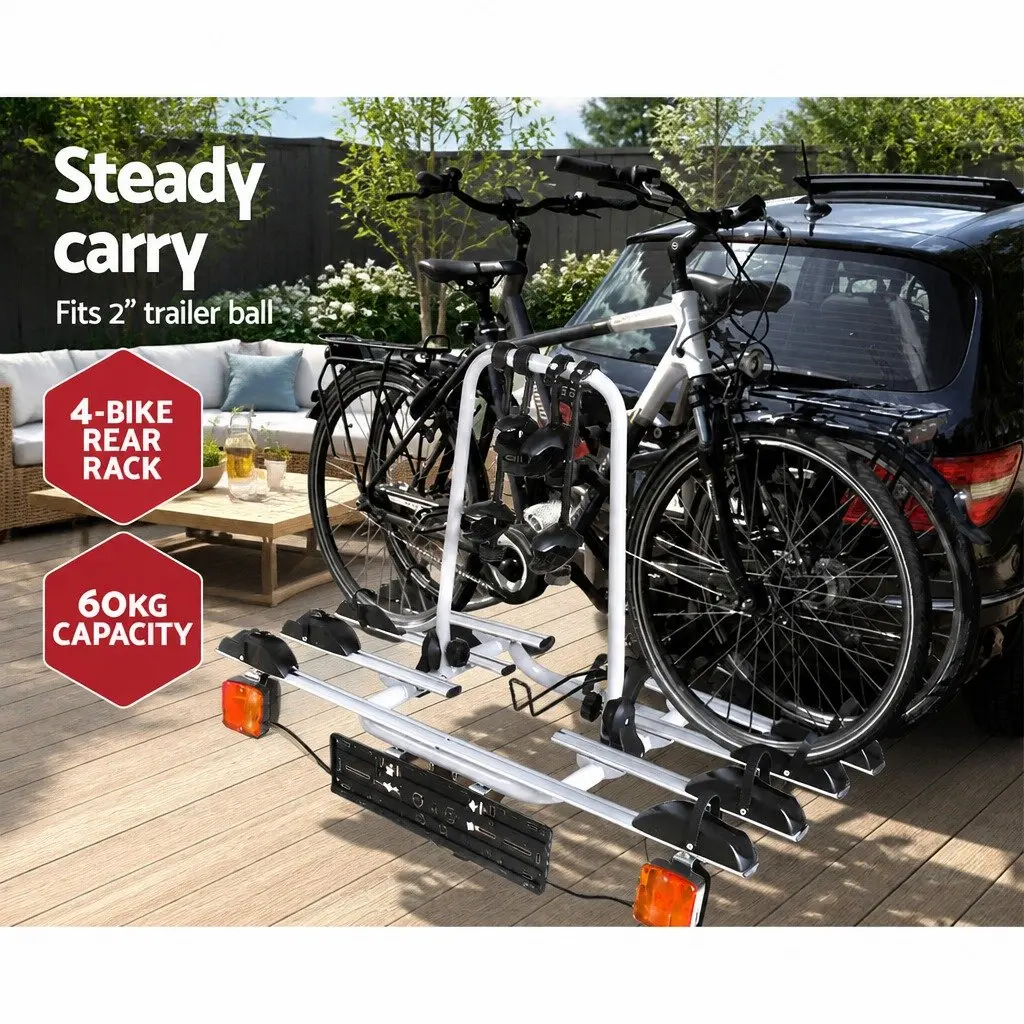 Bicycle Carrier Rack Towbar Hitch Black Silver 4 Bike Capacity Adjustable Wheel Stoppers
