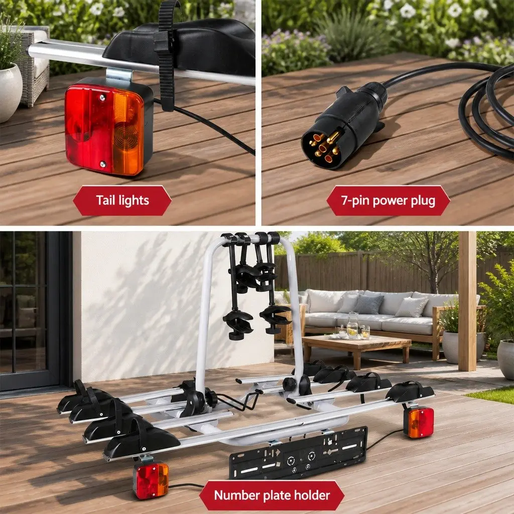Bicycle Carrier Rack Towbar Hitch Black Silver 4 Bike Capacity Adjustable Wheel Stoppers