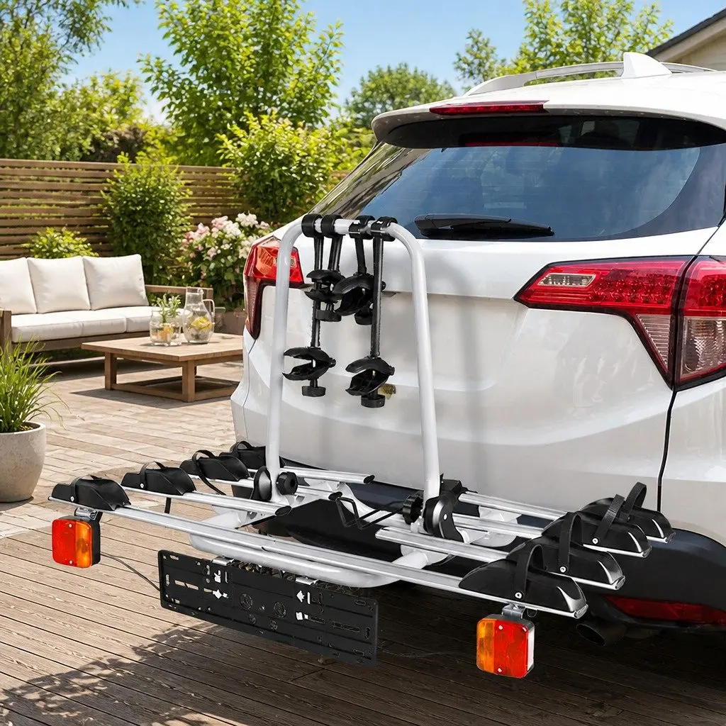 Bicycle Carrier Rack Towbar Hitch Black Silver 4 Bike Capacity Adjustable Wheel Stoppers