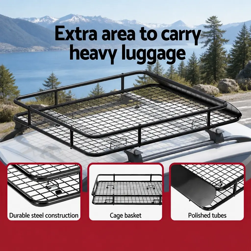 Universal Car Roof Rack Basket Cargo Carrier Luggage Tray 123cm Black Steel