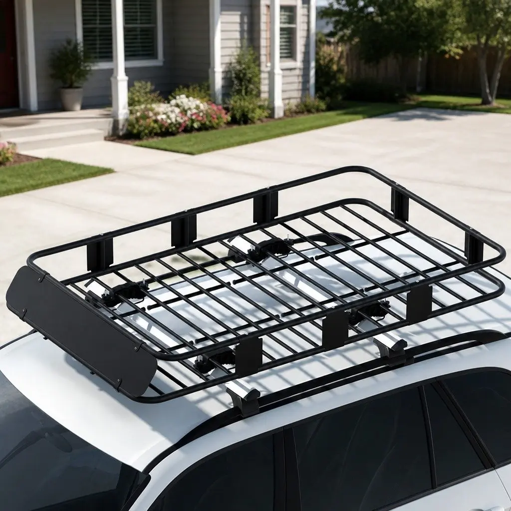 Roof Rack Basket Black 160cm Universal Vehicle Storage Sturdy Construction Wind Deflector