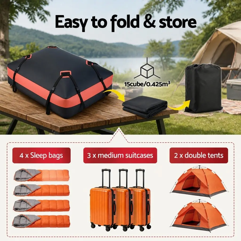 Rooftop Cargo Bag Waterproof Car Luggage Carrier 15 Cubic Feet Universal SUV Ute