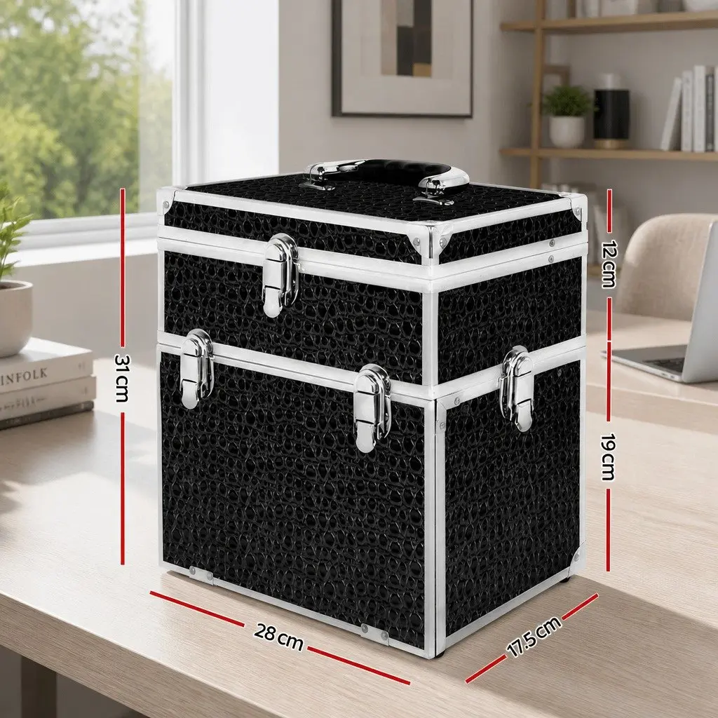 Cosmetic Storage Case Crocodile Black Portable Makeup Carry Case with Mirror