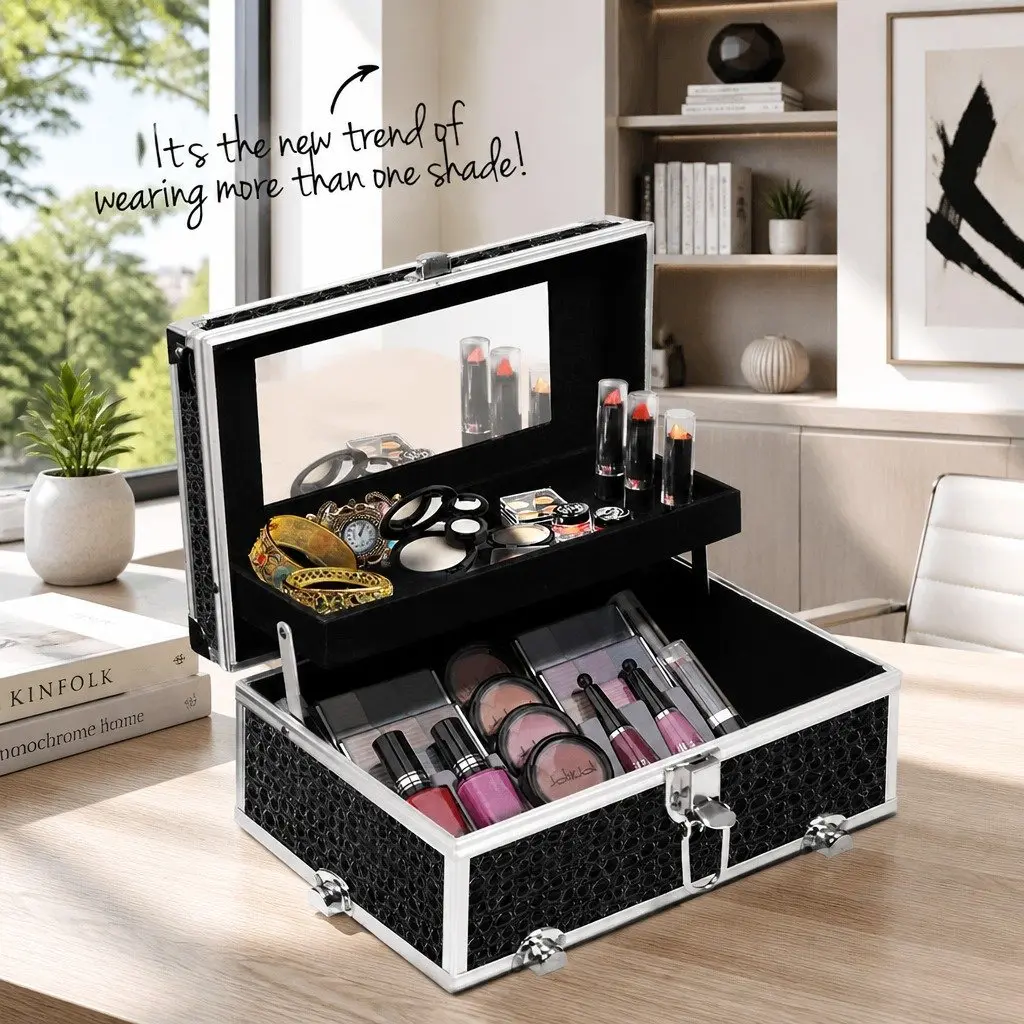 Cosmetic Storage Case Crocodile Black Portable Makeup Carry Case with Mirror
